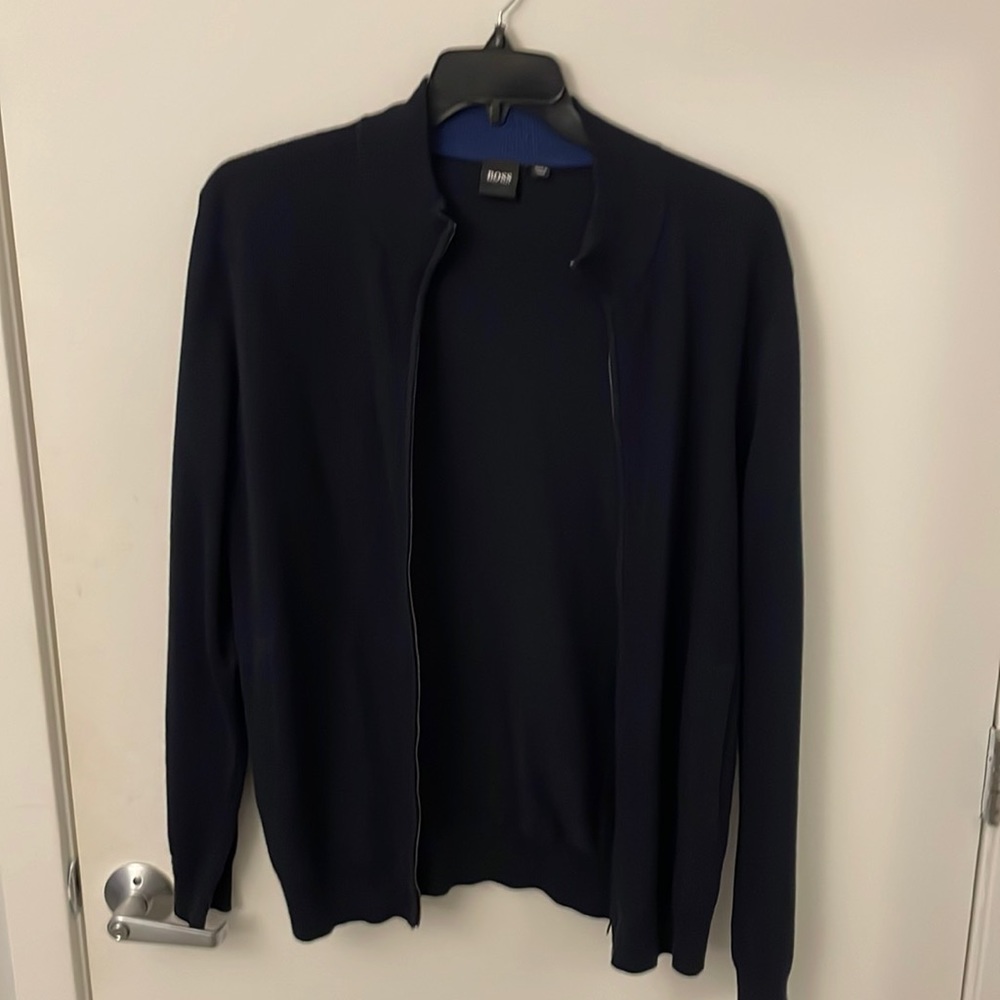BOSS Men’s Zip Up Dark Navy and Royal Blue Bomber Zip Up Sweater